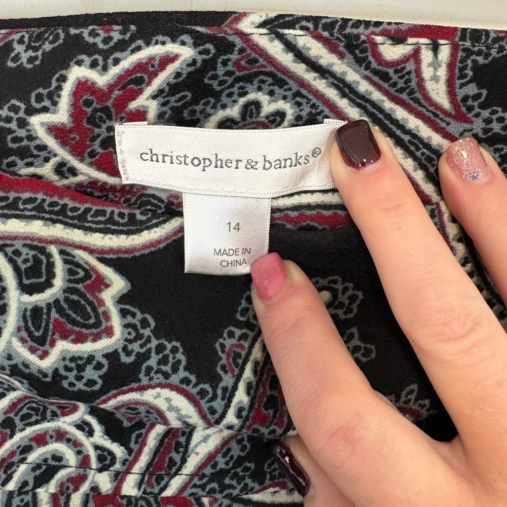 Christopher & Banks Paisley A-Line Midi Skirt Black Red Stretch Office Sz 14 - Picture 6 of 11